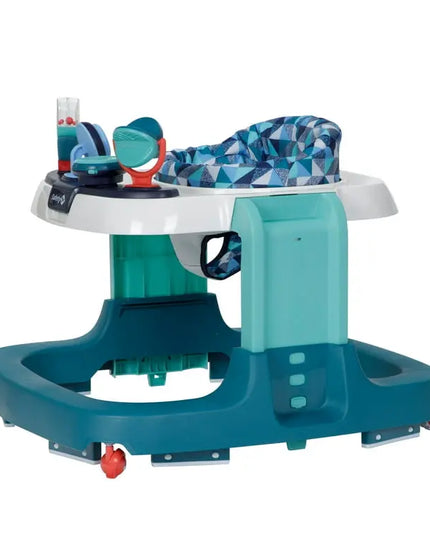 Baby high chair with blue and white patterned seat on a white background