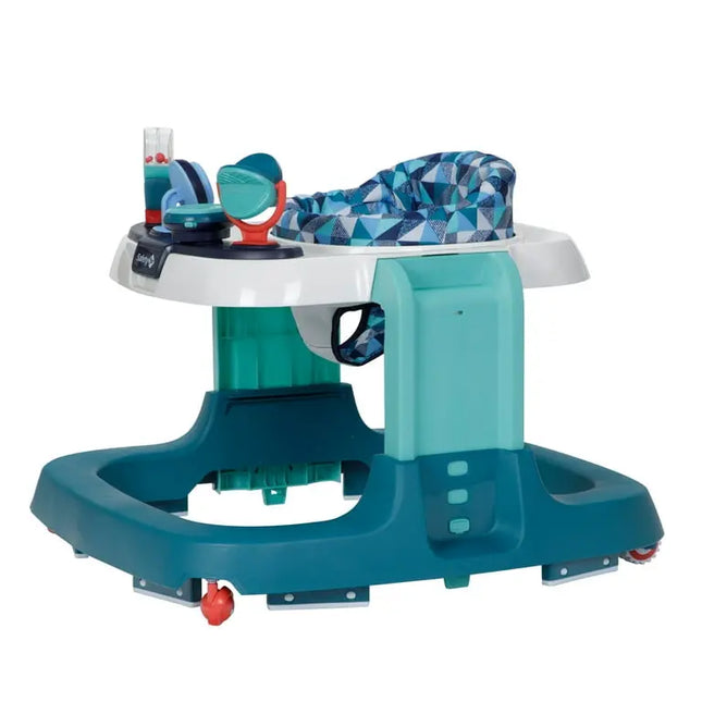 Baby high chair with blue and white patterned seat on a white background
