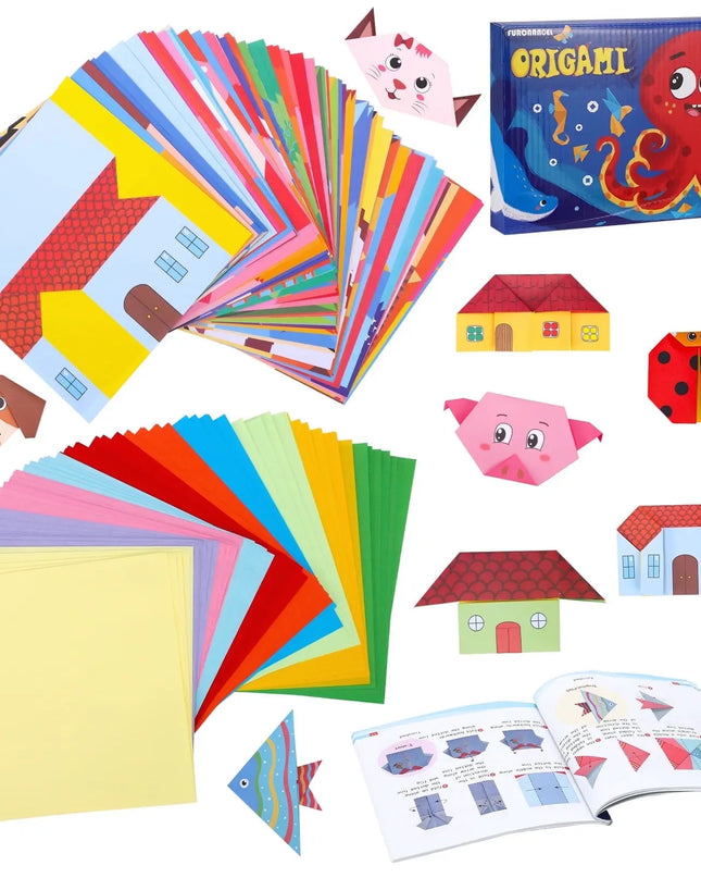 Colorful origami paper with templates and instructions on a white background