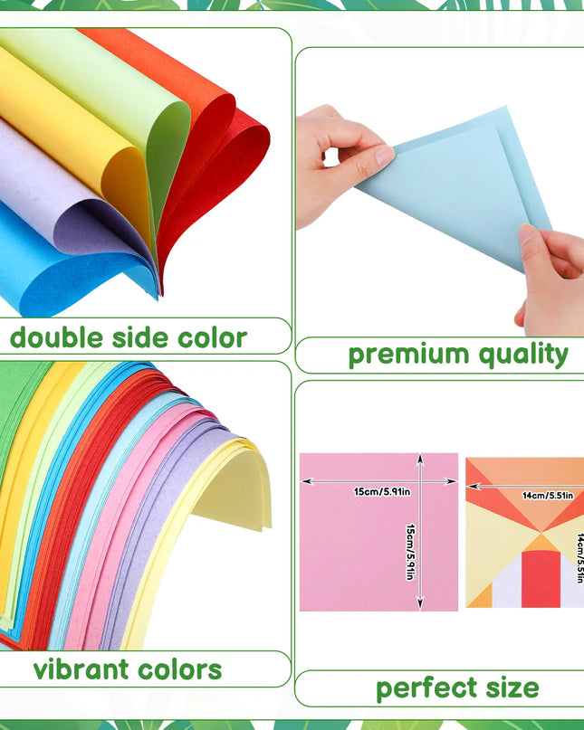Colorful paper sheets with text highlighting double-sided color, premium quality, vibrant colors, and perfect size.