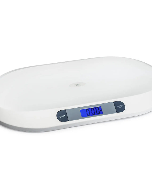Digital baby scale with a white surface and blue digital display on a white background