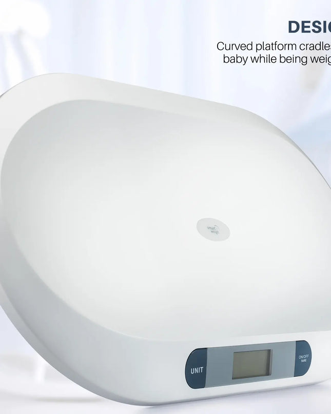 Baby weight scale with curved platform on a white background