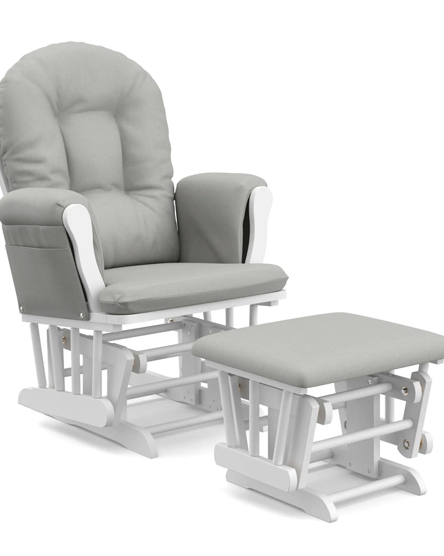 Gleaming Glide glider and ottoman set with gray cushions on a white background