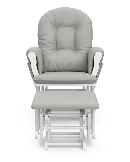 Gray cushioned glider chair with ottoman on a white background
