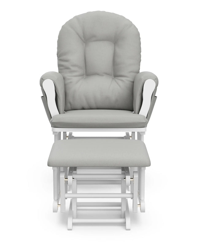 Gray cushioned glider chair with ottoman on a white background