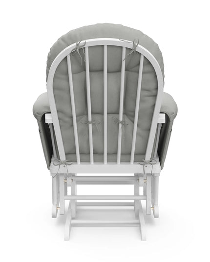 White wooden rocking chair with gray cushion on a white background