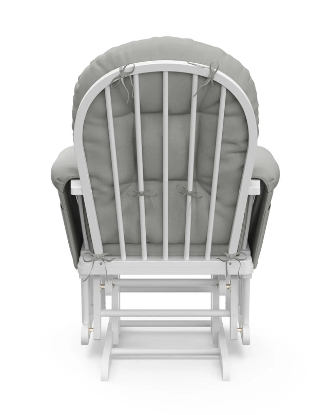 White wooden rocking chair with gray cushion on a white background