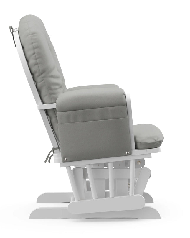 Gray recliner chair with white frame on a white background