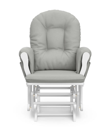 Gray cushioned glider chair with white frame on a white background