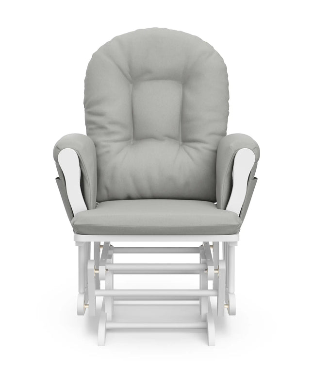 Gray cushioned glider chair with white frame on a white background