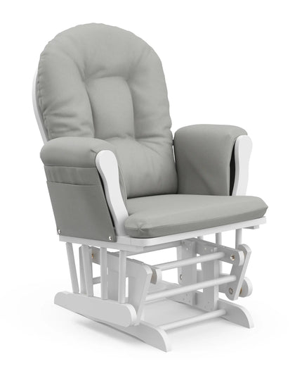 Gray cushioned glider chair with white base on a white background