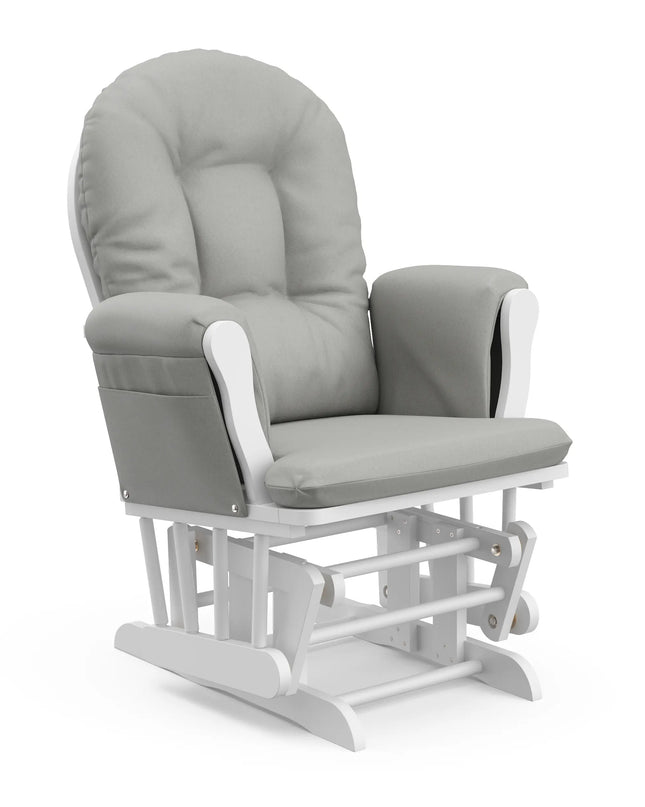 Gray cushioned glider chair with white base on a white background