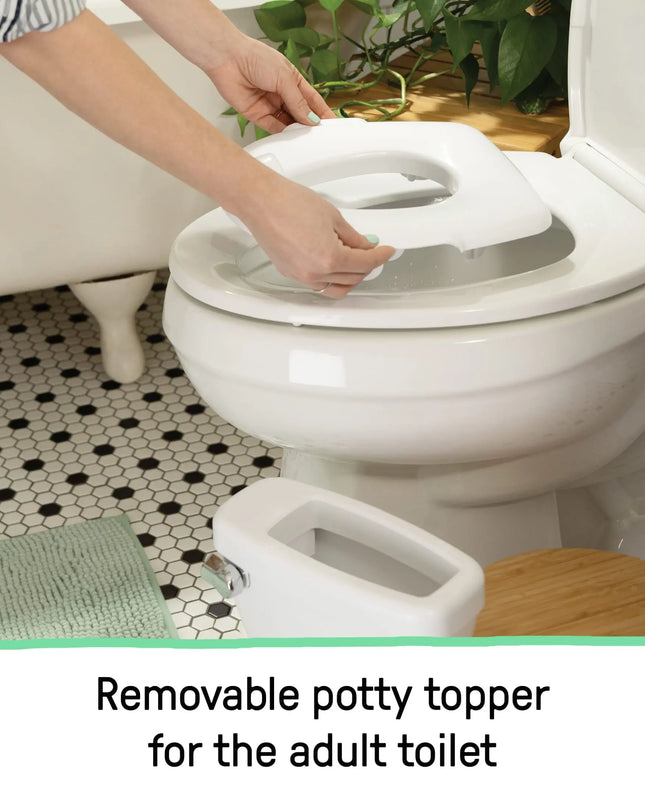 Removable potty topper being attached to a toilet with text 'Removable potty topper for the adult toilet'.