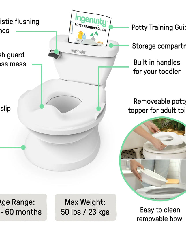 Potty training seat with features highlighted on a white background