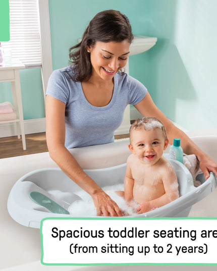 Woman and child in a bathtub with a spacious toddler seating area, surrounded by bath products.