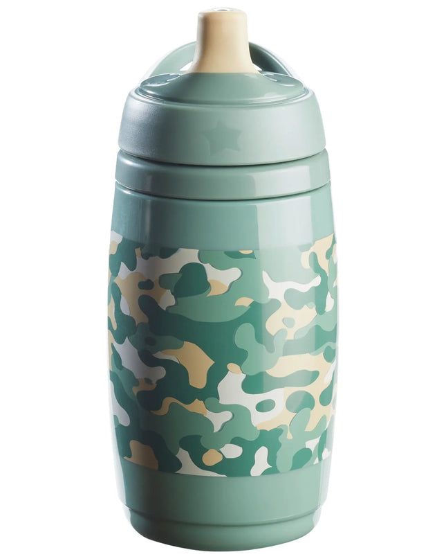 Camouflage-patterned sippy cup on a white background