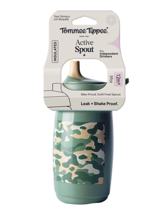 Green camo-patterned cup with Tommee Tippee packaging on a white background