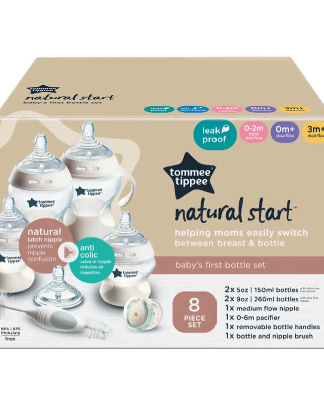 Tommee Tippee natural start baby bottle set packaging on a white background