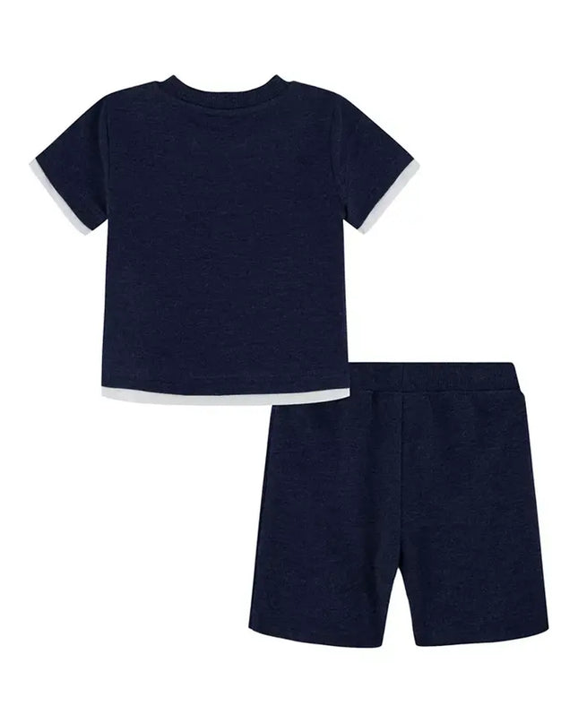 Navy blue t-shirt and shorts set on a white background
