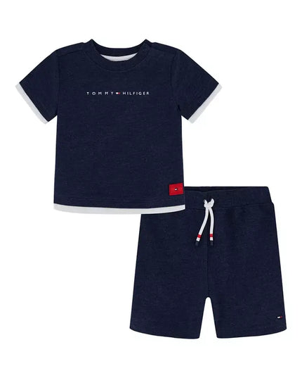 Navy blue Tommy Hilfiger t-shirt and shorts set on a white background