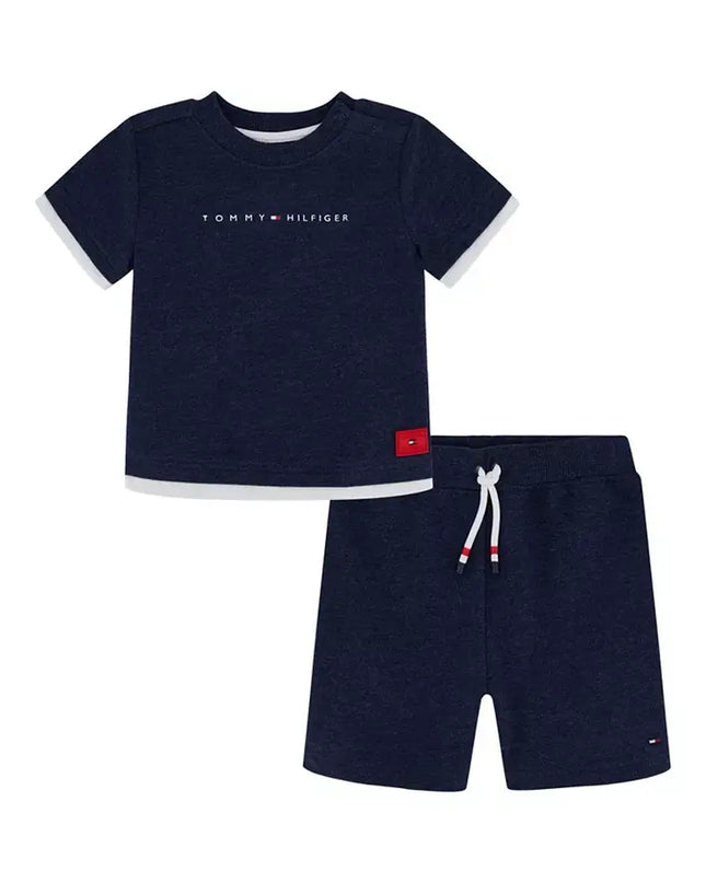 Navy blue Tommy Hilfiger t-shirt and shorts set on a white background