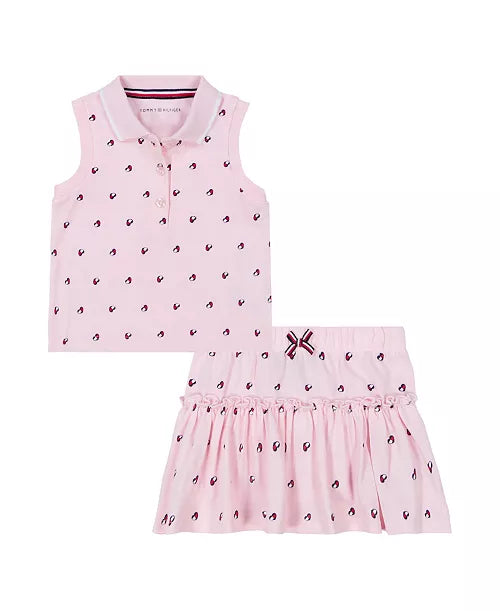 Pink sleeveless top and skirt set with a pattern on a white background