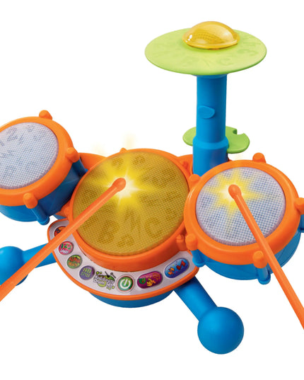 Colorful toy drum set with lights and sounds on a white background