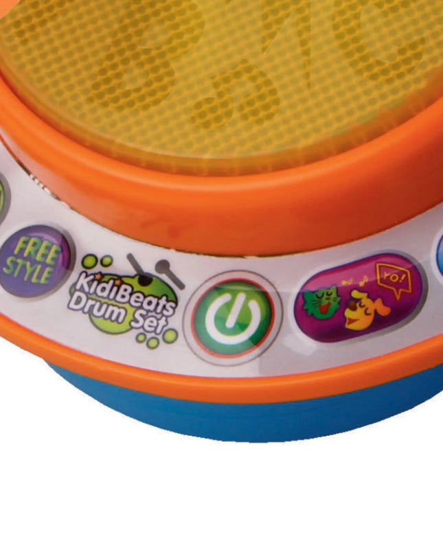 Close-up of a toy drum set with colorful buttons and 'KidiBeats Drum Set' branding.