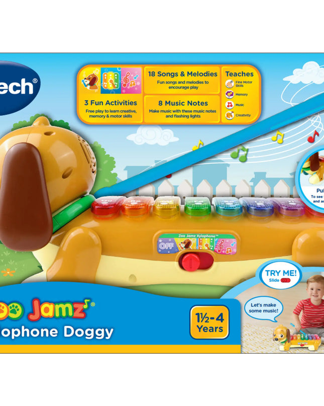 Vtech Zoo Jamz Xylophone Doggy toy packaging with colorful design and text.