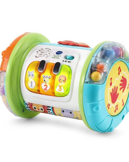 Colorful toy with buttons and a screen on a white background