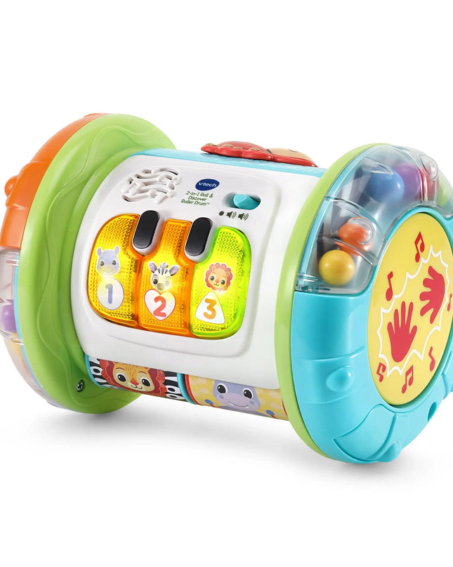 Colorful toy with buttons and a screen on a white background