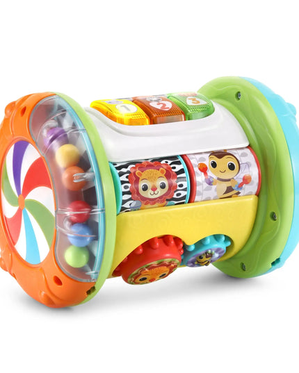 Colorful baby toy with various textures and sounds on a white background