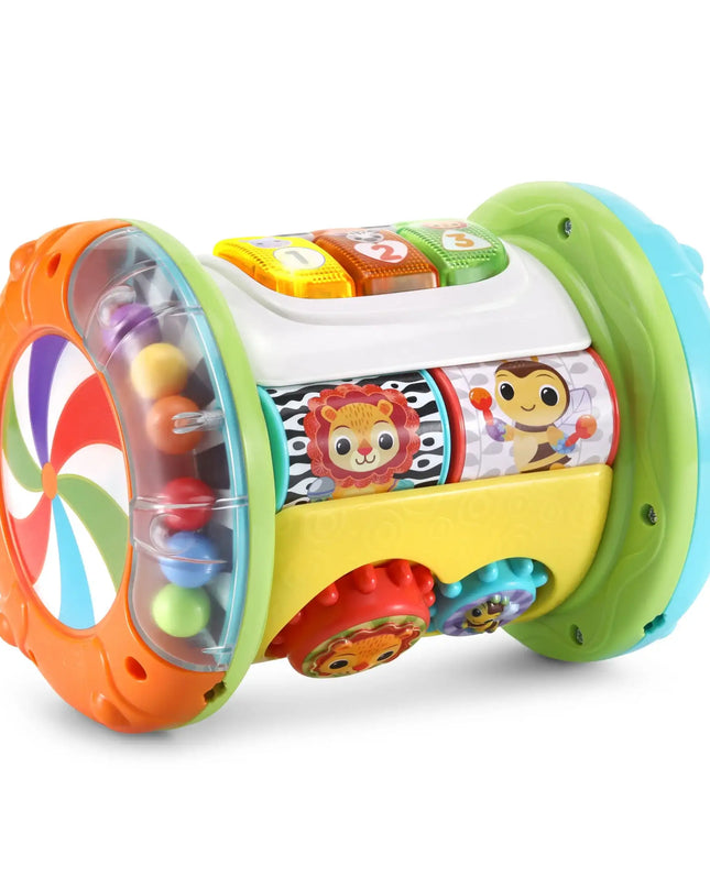 Colorful baby toy with various textures and sounds on a white background