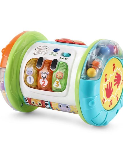 Colorful toy with various interactive elements on a white background