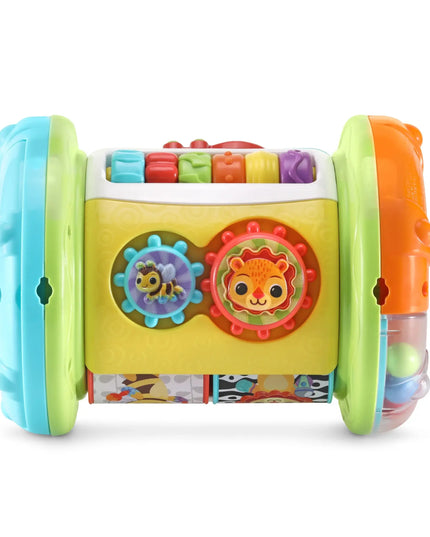 Colorful baby toy with wheels and animal figures on a white background