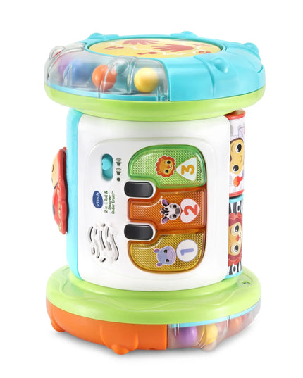 Colorful baby toy with various interactive elements on a white background