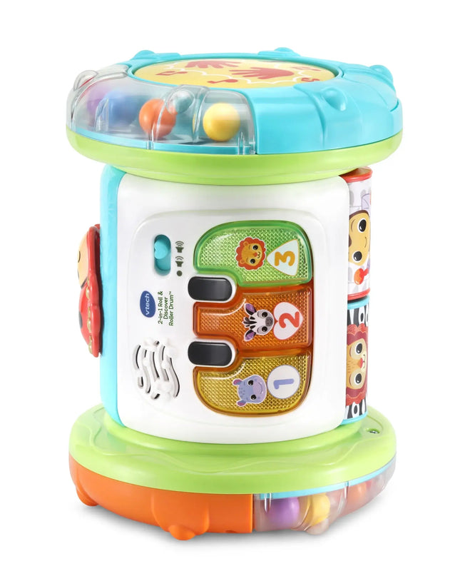 Colorful baby toy with various interactive elements on a white background