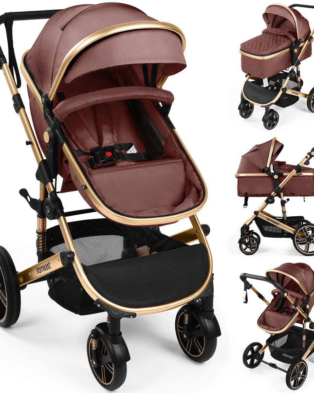 Brown and gold stroller with multiple views on a white background