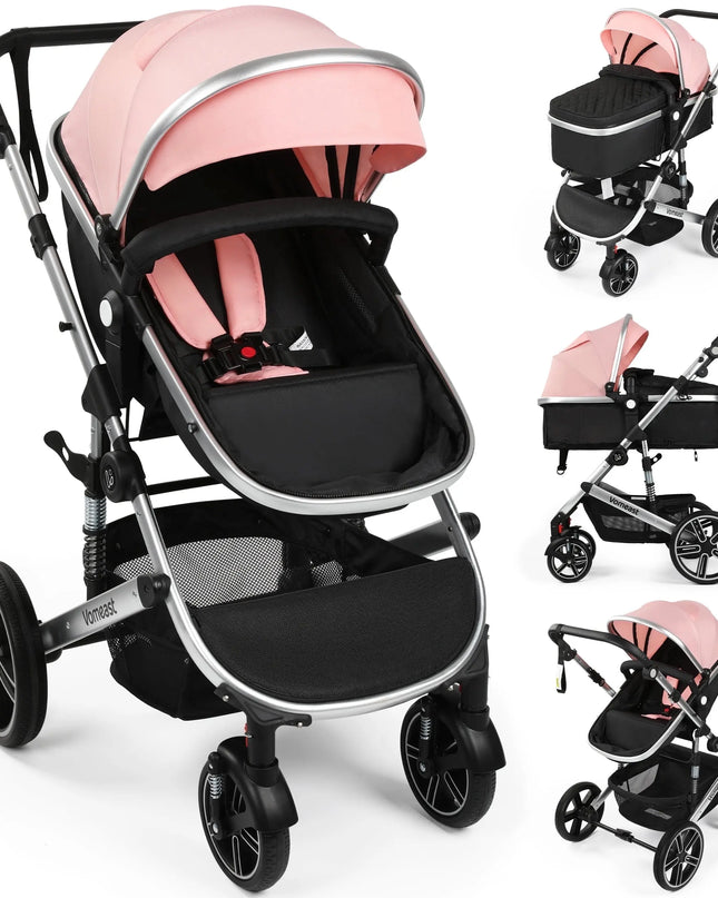 Pink and black baby stroller with multiple views on a white background