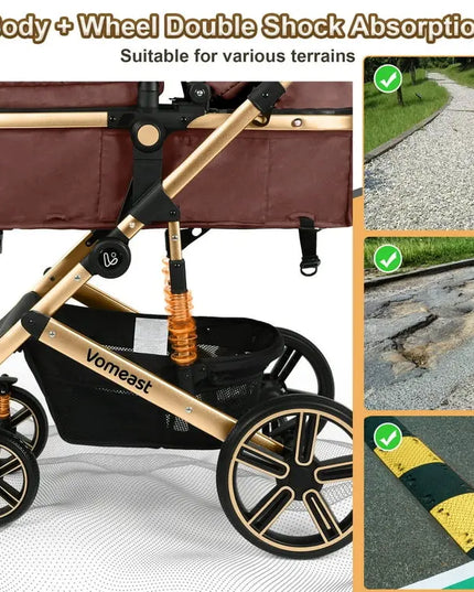 Gold and black stroller with shock absorption features, suitable for various terrains.
