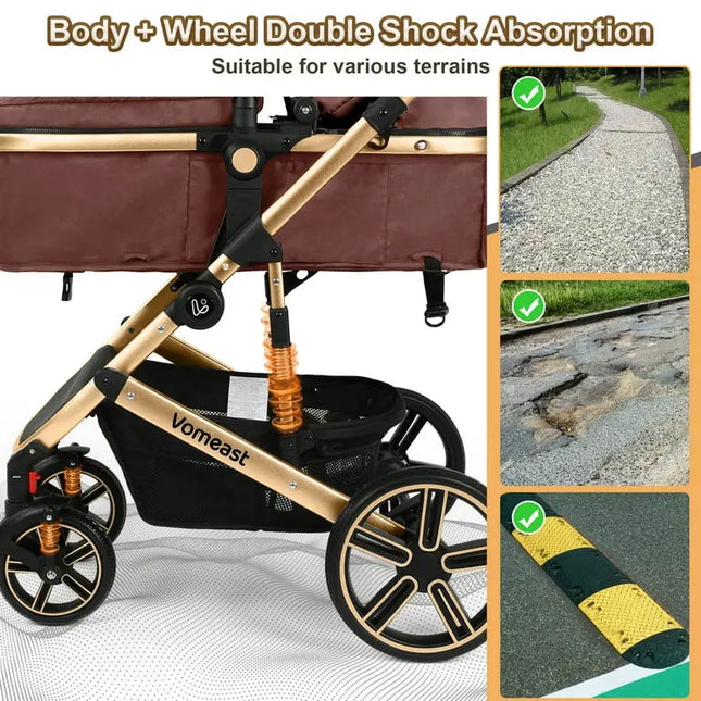 Gold and black stroller with shock absorption features, suitable for various terrains.