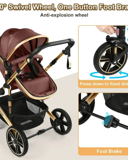 Baby stroller with 360-degree swivel wheel and foot brake system on a beige background.