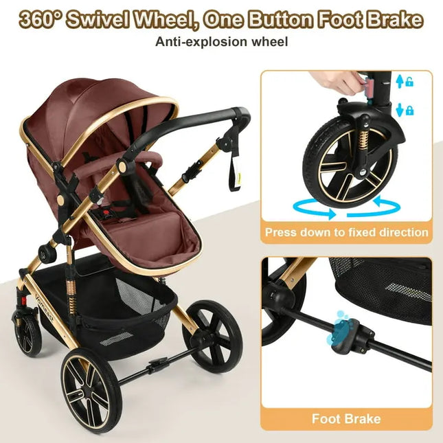 Baby stroller with 360-degree swivel wheel and foot brake system on a beige background.