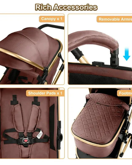 Collage of baby stroller accessories including canopy, armrest, shoulder pads, and footmuff.