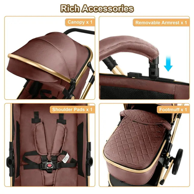 Collage of baby stroller accessories including canopy, armrest, shoulder pads, and footmuff.