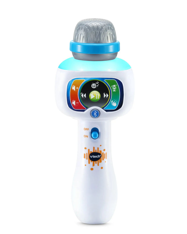Toy microphone with colorful buttons and a blue light on a white background