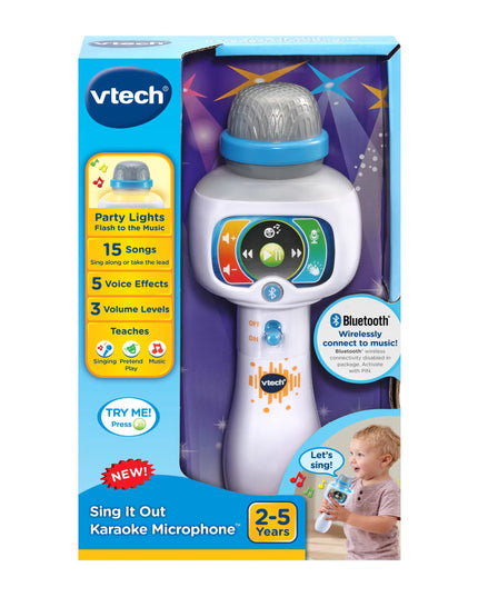 Vtech Sing It Out Karaoke Microphone packaging with toy and child on a white background