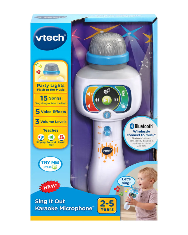 Vtech Sing It Out Karaoke Microphone packaging with toy and child on a white background