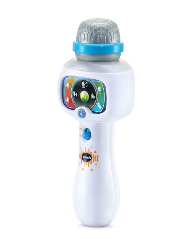 Toy microphone with colorful buttons on a white background
