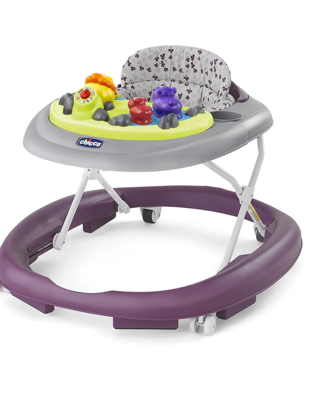 Baby walker with colorful toys on a white background